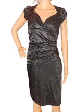 Y2K Vintage Ruby Rox Black Satin Ruched Bodycon Cocktail Dress Cap Sleeve M
